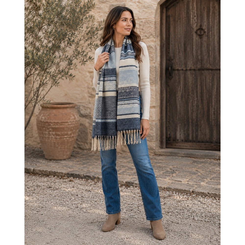 Baby Alpaca Cashmere Striped Woven Fringe Rectangle Scarf Blue/Ivory/Beige 72x30